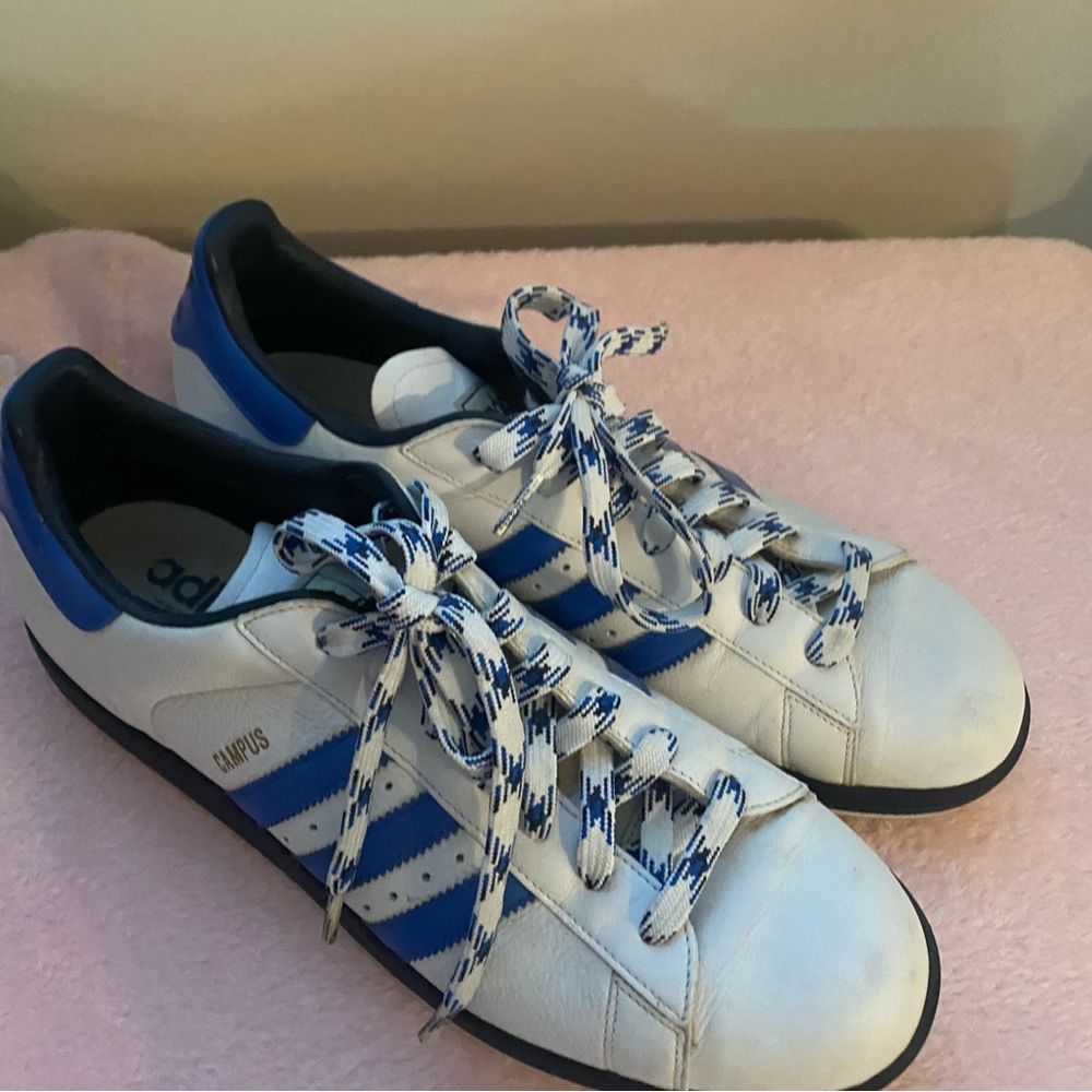 adidas White and Blue Campus Leather Sneakers